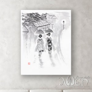 Geisha painting, maiko, Gyon street, Japanese painting, kimono, sumi-e minimalist ink painting, zen art, zen painting,zen decor