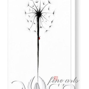 May include: Black and white dandelion art print. The artwork features a detailed dandelion seed head with a long stem and a small red ladybug. The image is set against a white background, creating a striking contrast.
