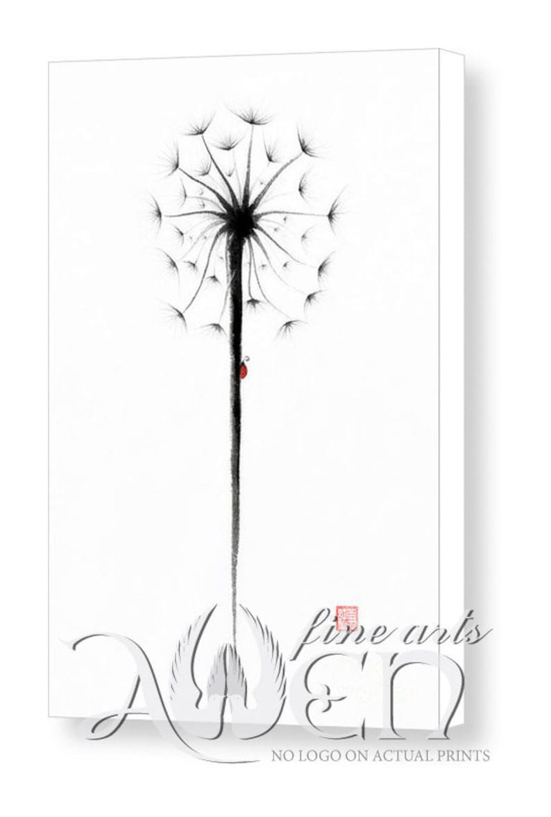 May include: Black and white dandelion art print. The artwork features a detailed dandelion seed head with a long stem and a small red ladybug. The image is set against a white background, creating a striking contrast.