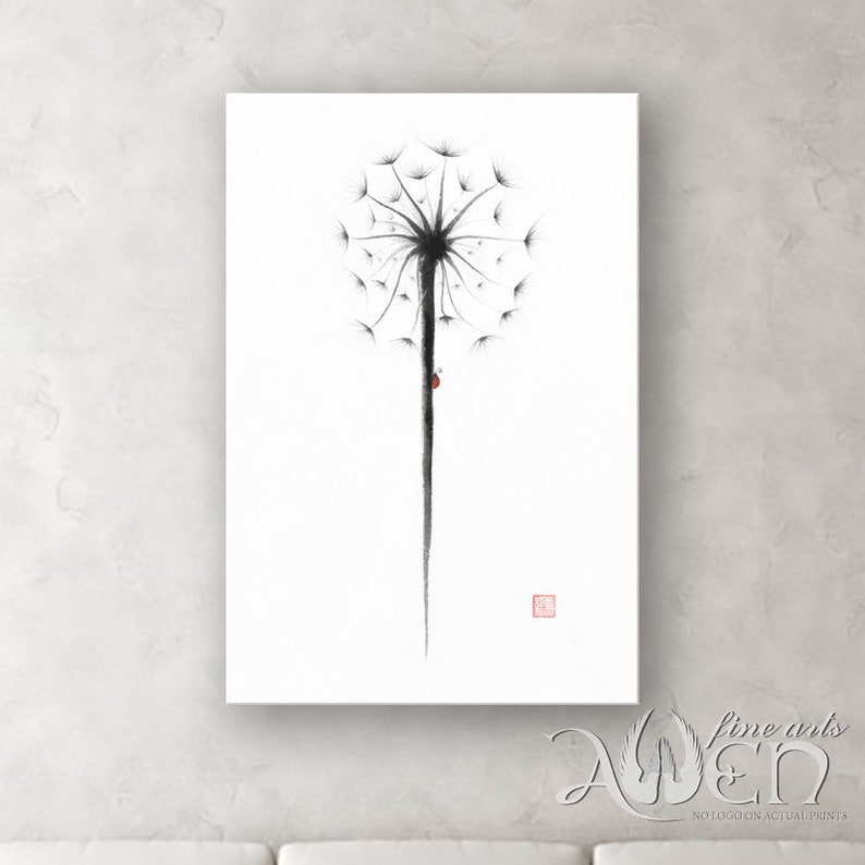 May include: Black and white dandelion art print. The artwork features a black dandelion seed head with a long stem and a small red ladybug. The print has a minimalist style and is on a white background.