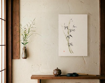 May include: A rectangular wall art print featuring a black ink sumi-e style bamboo illustration on a cream background. The artwork includes a small red seal mark. Below the print, the text reads Soulful Touch Arts sumi-e art by Veronika Maxim.