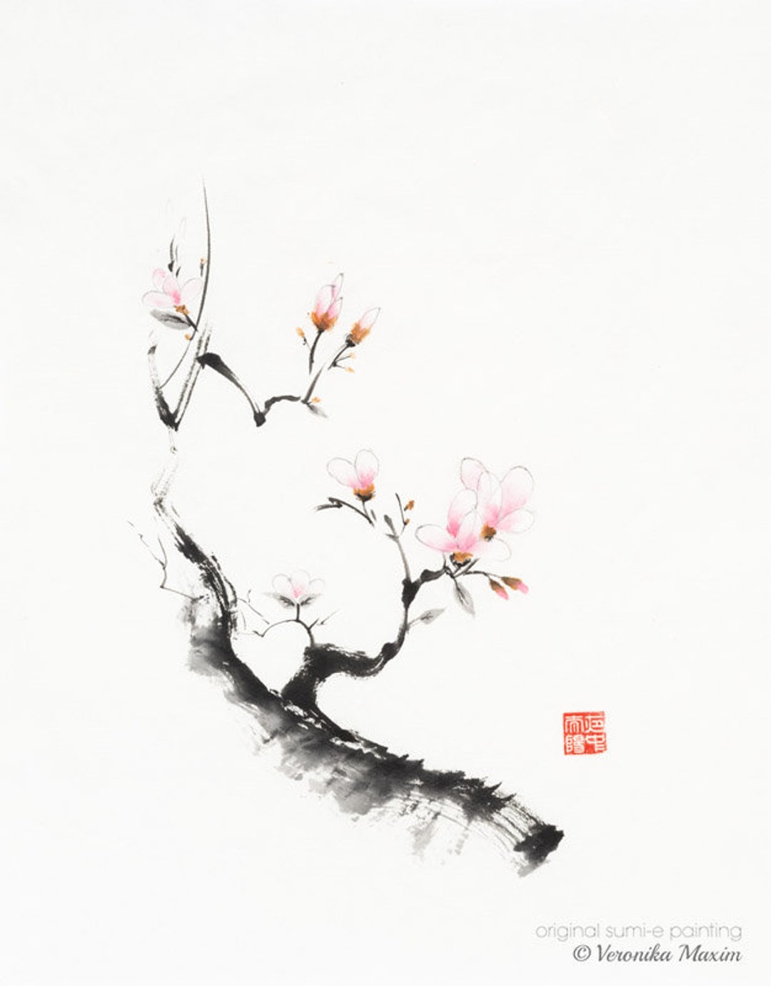 Original Sumie Ink on White Rice Paper Zen Painting of Gentle Sakura