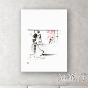 Geisha painting, Zen painting, Japanese painting, sumi-e painting, zen wall art, zen wall decor, home decor, sumi-e paintings, zen art