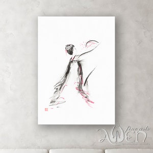 Geisha painting, geisha and sakura painting, Japanese painting, zen painting, sumi-e painting, sumi-e paintings, zen wall art, art print