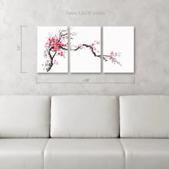 Cherry Blossom Chinese Brush Painting Set of Three Canvas Prints
