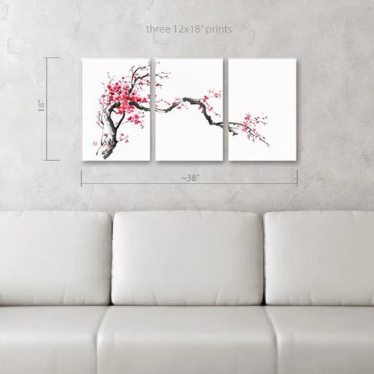 Cherry Blossom Chinese Brush Painting Set of Three Canvas Prints