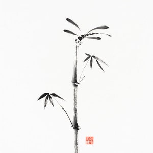 12x14.25&quot; original sumi-e ink on white rice paper Zen painting of a bamboo and dragonfly, home decor, zen art, Zen decor, minimalist art