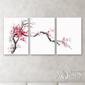 Cherry blossom Chinese brush painting set of three canvas prints, Zen, Japanese, sumi-e, sakura, cherry blossom, art, home decor
