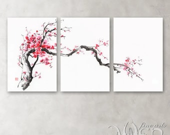 Cherry Blossom Chinese Brush Painting Set of Three Canvas Prints