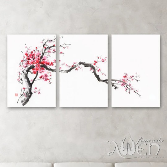 SAKURA Jocelyn Cheng アート3点セット Cherry Blossom Chinese Brush Painting Set of Three Canvas Prints