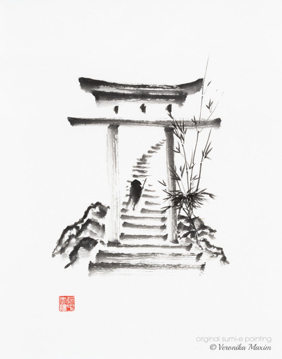 11x14 Original Sumie Ink on White Rice Paper Zen Painting of a Monk