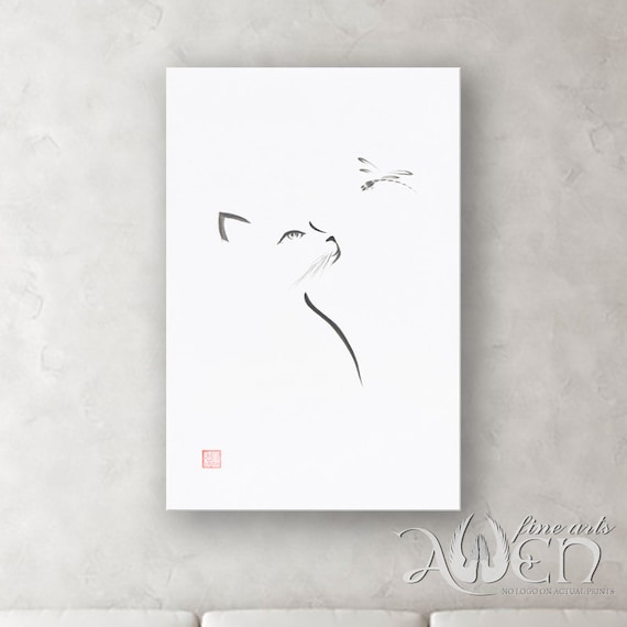 Photo art print of the original zen sumi-e ink on rice paper painting of a cat and a dragonfly picture canvas  or art print kitty kitten