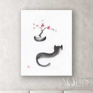 Cat Painting with bonsai sakura, Zen painting, Sumi-e, Chinese brush, Wall art, Home decor, Zen, minimalist home decor, sumi-e painting