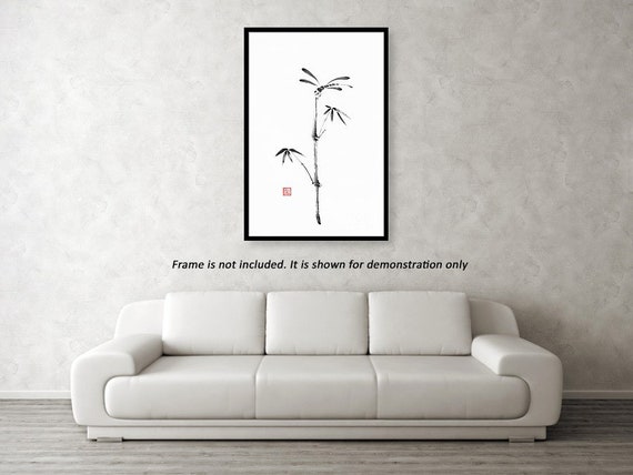 Minimalist Sumi-e Ink Painting of a Single Bamboo Stalk and