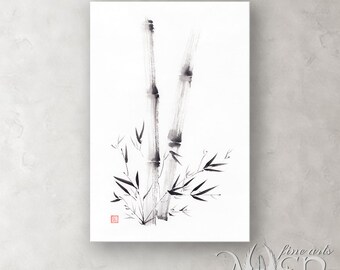 May include: Black and white ink painting of bamboo stalks with leaves on a white background.