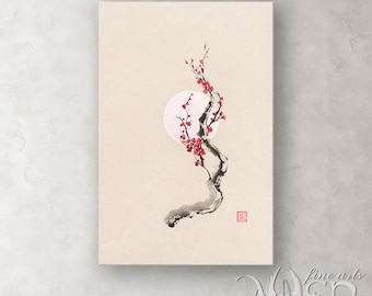 May include: A minimalist watercolour painting of a delicate branch with pink blossoms against a white circle, reminiscent of a moon. The branch is painted in black ink, creating a stark contrast against the light background.