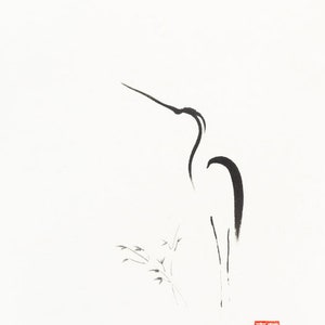 Original sumi-e ink on white rice paper Zen painting of heron and bamboo, simple home decor, wall art, decor, asian, minimalist