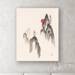 Art print, monk painting, Zen art, Buddhism, red sun, misty mountains, meditation, meditating, painting, sumi-e, Buddhist monk, spiritual