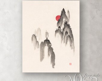 Estampe d’art, peinture de moine, art zen, bouddhisme, soleil rouge, montagnes brumeuses, méditation, méditation, peinture, sumi-e, moine bouddhiste, spirituel