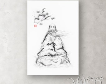 Lao Tzu painting, Daoist painting, wise man painting, Taoist master, zen painting, sumi-e painting, sumi-e paintings, art print, wall art