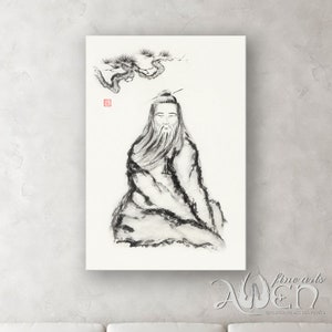 Zen painting of Tai Chi master under pine tree Sumi-e Oriental Zen ink painting  rice paper black ink Japanese painting wall art