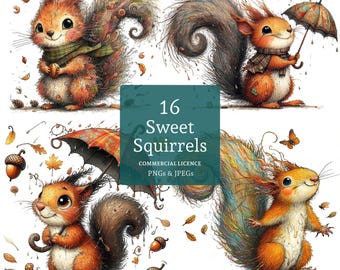 Conjunto de imágenes prediseñadas de ardillas adorables, 16 PNG/JPG, linda ardilla otoñal, animal del bosque, arte de bosque de otoño. USO COMERCIAL. Descarga digital / AR0614