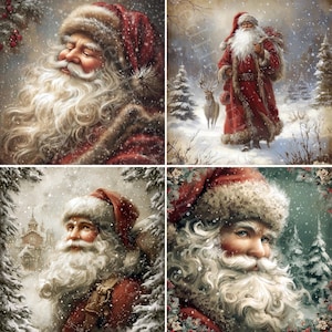 May include: Four images of Santa Claus in a snowy winter scene. Santa is shown with a long white beard, a red hat, and a red coat with fur trim. The images create a festive atmosphere, perfect for Christmas.
