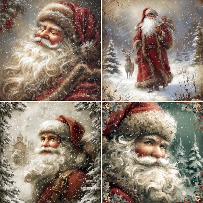 May include: Four images of Santa Claus in a snowy winter scene. Santa is shown with a long white beard, a red hat, and a red coat with fur trim. The images create a festive atmosphere, perfect for Christmas.