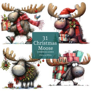 Clipart orignal de Noël 31 PNGs/JPG art original de l'orignal, drôle d'animal d'hiver, créations de cartes de vœux/cadeau USAGE COMMERCIAL téléchargement numérique | AR1002