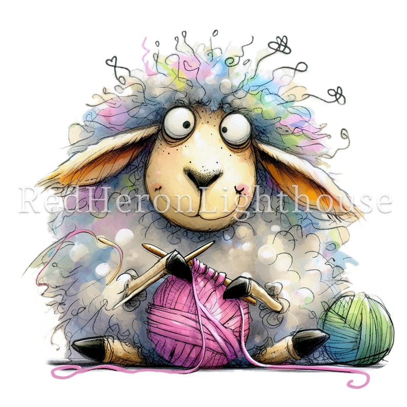 May include: A fluffy white sheep with rainbow coloured wool is knitting with pink yarn and holding a green ball of yarn. The sheep has big, round eyes and a friendly expression.