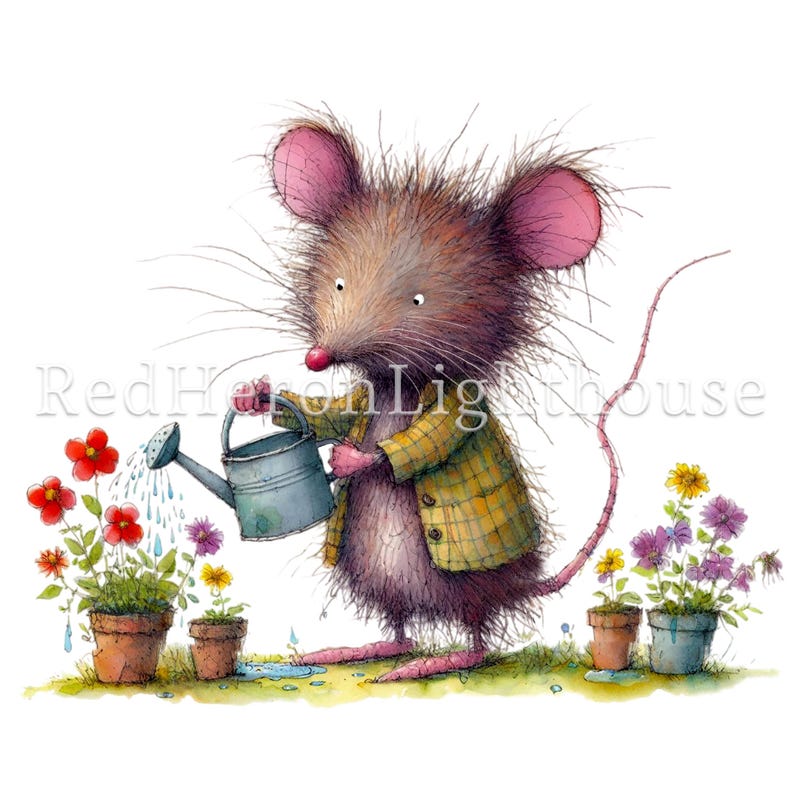 May include: A brown mouse with a pink nose and ears wearing a yellow plaid shirt waters a patch of red, pink, and purple flowers in pots with a silver watering can.