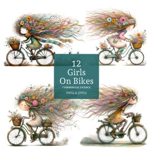 Eigenzinnig meisje op fiets clipart, 12 hoge kwaliteit pngs/jpg's grillige journaling, sublimatie, papier en digitaal ambacht COMMERCIEEL GEBRUIK | BR0124-2