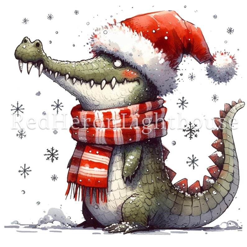 May include: A green alligator wearing a red and white striped scarf and a red Santa hat with white trim. The alligator is standing in the snow with snowflakes falling around it.