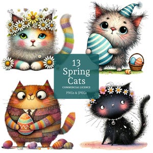 Clipart chat printanier, 13 fichiers PNG/JPG de haute qualité, mignons chatons de Pâques, images d'animaux fantaisistes pour travaux manuels saisonniers, UTILISATION COMMERCIALE | BR0107-1