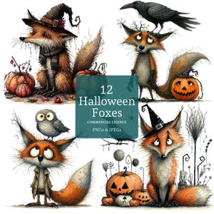 Clipart renard d'Halloween, 12 fichiers PNG/JPG de haute qualité, animal d'automne mignon, travaux manuels d'automne et idées cadeaux USAGE COMMERCIAL Téléchargement numérique | AR0916-1