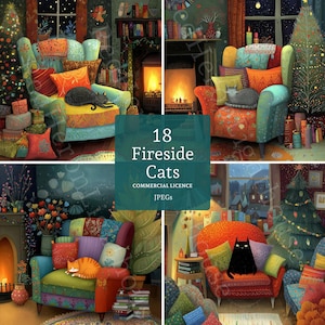 Puede incluir: Una impresión de arte digital que presenta cuatro escenas acogedoras de gatos junto a una chimenea. Cada escena incluye un gato en un sillón colorido con almohadas, una chimenea encendida y un árbol de Navidad. Se muestra el texto "18 Fireside Cats".
