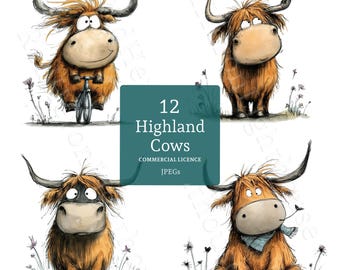 Quirky Highland Cow Clip Art: Watercolour Farm Animal, 12 PNGs/JPGs Digital Download, Commercial Use, Card Making, Junk Journal