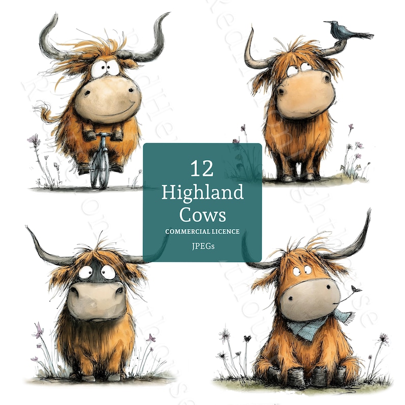 May include: A digital illustration featuring four cartoon Highland cows in various poses. One cow rides a bicycle, another has a bird on its head, and a third is seated. The image includes the text "12 Highland Cows" and "Commercial Licence JPEGs".