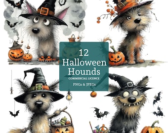 Conjunto de Clipart de Cachorro Bruxo para o Halloween, 12 PNGs/JPEGs, Cachorro Divertido e Abóboras, Imagens Fantásticas de Halloween, Download Digital para USO COMERCIAL | AR0729-1