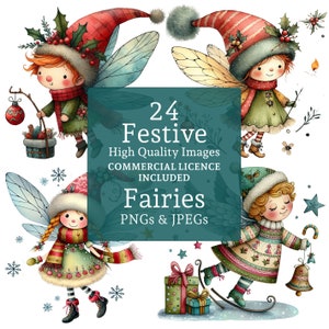 Conjunto de clipart de fadas de Natal, 24 PNGs/JPGs, designs fofos de fadas festivas, imagens sazonais de feriados, download digital para USO COMERCIAL | AR0626-1