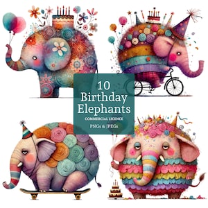 Clipart anniversaire éléphant, 10 images PNG/JPG de haute qualité, images originales d'animaux fêtards, célébration/invitations/création de cartes UTILISATION COMMERCIALE | BR0116-1