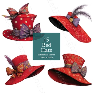 May include: Four red hats with various designs, including polka dots, floral patterns, and bows. One hat features a feather. The image includes the text "15 Red Hats" and "Commercial Licence PNGs & JPEGs".