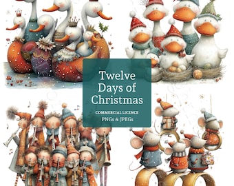 Zwölf Tage Weihnachten Clipart, Aquarell-Weihnachtsmotive, 12 PNGs/JPGs, Kartenbasteln, Junk Journal, Digitaler Download, Kommerzielle Nutzung