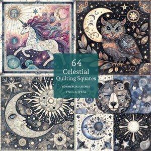 Celestial clipart, 64 hoge kwaliteit jpg's, quilten vierkanten van sterren maan zon, volkskunst papier ambacht COMMERCIEEL GEBRUIK Digitale download | AR1001-1