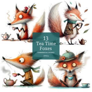 Clipart renard fantaisiste, 12 fichiers PNG/JPG de haute qualité, Images de renard de l'heure du thé, Clipart animal mignon, fabrication de cartes, journalisation UTILISATION COMMERCIALE | BR0213