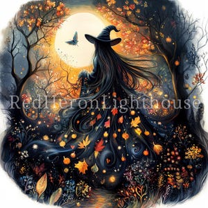 May include: An illustration of a witch with long black hair and a black hat, standing in a forest with a full moon. The witch's dress is adorned with autumn leaves and pumpkins. The text "RedHeronLighthouse" is visible.