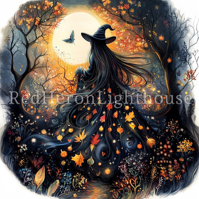 May include: An illustration of a witch with long black hair and a black hat, standing in a forest with a full moon. The witch's dress is adorned with autumn leaves and pumpkins. The text "RedHeronLighthouse" is visible.