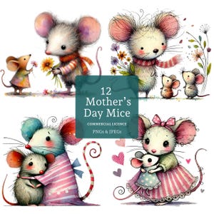 Imágenes prediseñadas de ratones para el Día de la Madre, 13 PNG/JPG de alta calidad, lindas imágenes de mamás y bebés ratones, manualidades/diarios de animales amorosos, USO COMERCIAL / BR0115-2