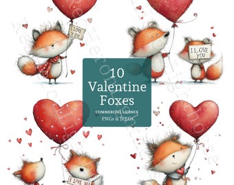 Valentine Fox Clip Art, Watercolour Whimsical Love Heart Animal, 10 PNGs/JPGs, Card Making, Junk Journal, Digital Download, Commercial Use