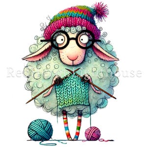 May include: A cartoon sheep wearing a pink and blue knitted hat, round glasses, and colourful striped socks is knitting a green sweater. Two balls of yarn, one blue and one pink, are on the floor.